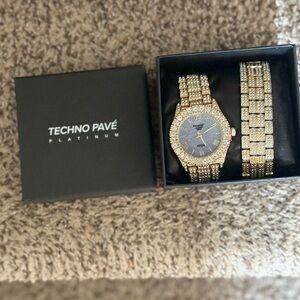Techno Pavé Gold Watch and Bracelet Set Mens